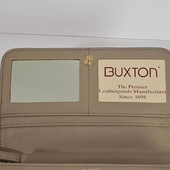 Buxton Beige Leather Crossbody Wallet Clutch‎ Purse Wristlet With Mirror 《834》M - Picture 3 of 12